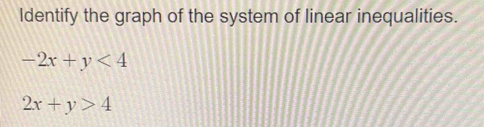 Identify the graph of the system of linear inequalities.
-2x+y<4</tex>
2x+y>4