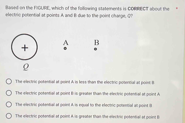 Based on the FIGURE, which of the following statements is CORRECT about the *
electric potential at points A and B due to the point charge, Q?
+
A B
。
。
The electric potential at point A is less than the electric potential at point B
The electric potential at point B is greater than the electric potential at point A
The electric potential at point A is equal to the electric potential at point B
The electric potential at point A is greater than the electric potential at point B