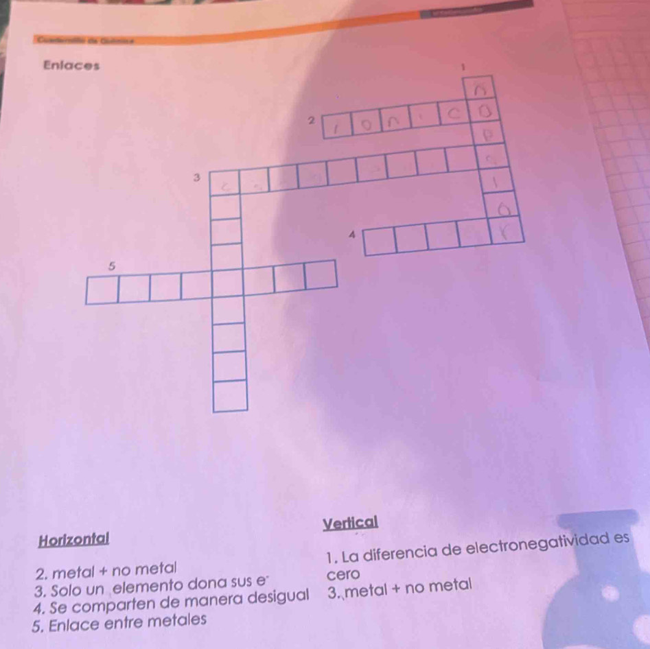 Enlaces
2
C
3
A
5
Horizontal Vertical
2. metal + no metal 1. La diferencia de electronegatividad es
3. Solo un elemento dona sus e cero
4. Se comparten de manera desigual 3. metal + no metal
5. Enlace entre metales