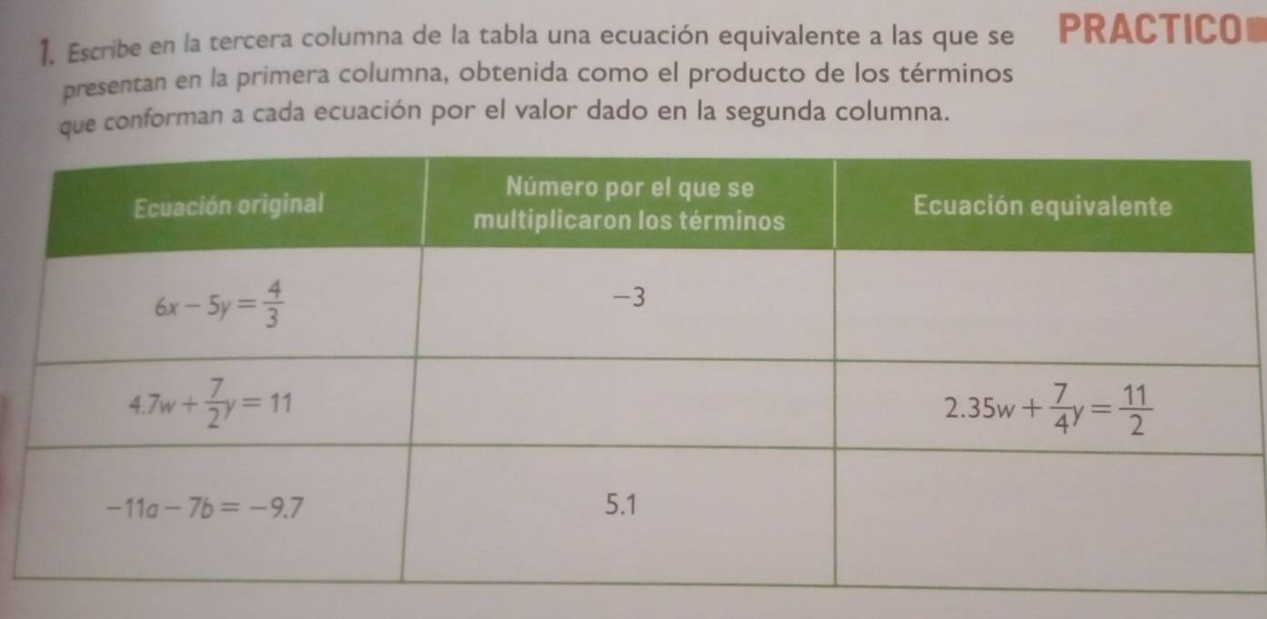 Escribe en la tercera columna de la tabla una ecuación equivalente a las que se PRACTICO
presentan en la primera columna, obtenida como el producto de los términos
que conforman a cada ecuación por el valor dado en la segunda columna.