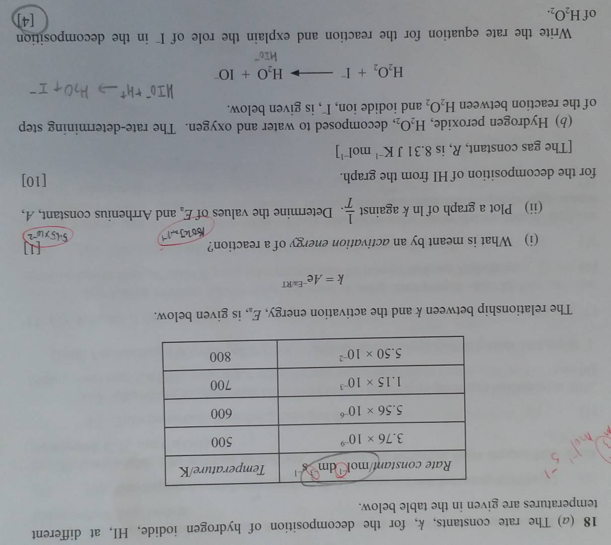 18 (a) The rate constants, k, for the decomposition of hydrogen iodide, HI, at different
temperatures are given in the table below.
The relationship between k and the activation energy, E_a , is given below.
k=Ae^(-Ea/RT)
(i) What is meant by an activation energy of a reaction?
5
(ii) Plot a graph of ln k against  1/T . Determine the values of E_a and Arrhenius constant, A,
for the decomposition of HI from the graph.
[10]
[The gas constant, R, is 8.31JK^(-1)mol^(-1)]
(b) Hydrogen peroxide, H_2O_2 , decomposed to water and oxygen. The rate-determining step
of the reaction between H_2O_2 and iodide ion, I , is given below.
H_2O_2+I^-to H_2O+IO^-
Write the rate equation for the reaction and explain the role of I¯ in the decomposition
of H_2O_2.
[4]