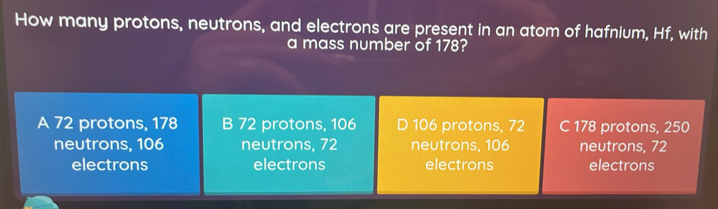 Solved: How many protons, neutrons, and electrons are present in an ...