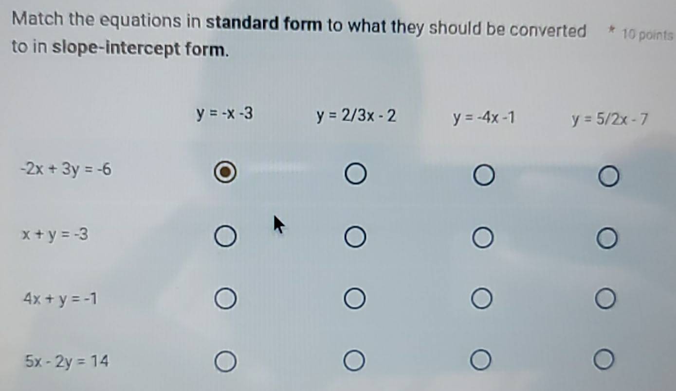 Match the equations in standard form to what they should be converted 10 points
to in slope-intercept form.