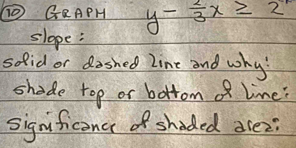 GQAPH
y- 2/3 x≥slant 2^(-x)
slope: 
solid or dashed line and why? 
shade rop or bottom of linei 
significence of shaded arez?