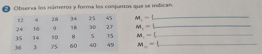 ② Observa los números y forma los conjuntos que se indican.
M_2= _ 
M_3= _ 
M_7= _ 
M_15= _