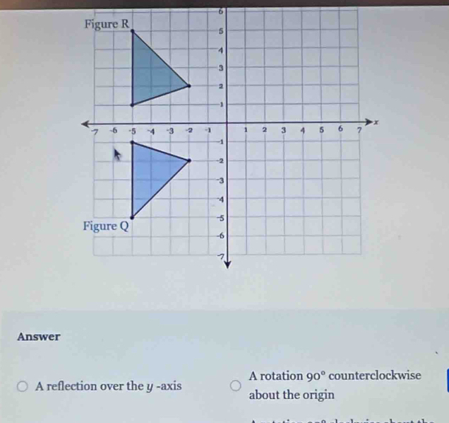 Answer
A rotation 90° counterclockwise
A reflection over the y -axis about the origin