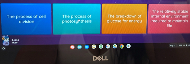 The relatively stable
The process of cell The process of The breakdown of Internal environment
division photosynthesis glucose for energy required to maintain
life
Leena Buzo
Aug 22 1.29 V8
dell