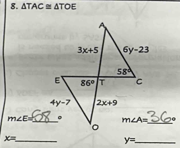 △ TAC≌ △ TOE
m∠ E= _
。
_
_ x=
_ y=