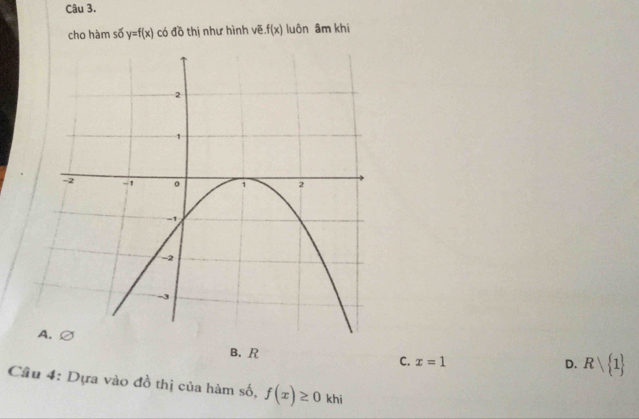 cho hàm số y=f(x) có đồ thị như hình vẽ f(x) luôn âm khi
B. R C. x=1
D. Rvee  1
Câu 4: Dựa vào đồ thị của hàm số, f(x)≥ 0kh.