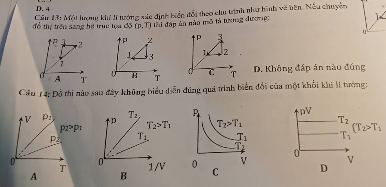 D. 4
Câu 13: Một lượng khí lí tưởng xác định biến đổi theo chu trình như hình vẽ bên. Nếu chuyển
đồ thị trên sang hệ trục tọa độ (p,T) thì đáp án nào mô tả tương đương: 
p 3
p 3 2
p 2
1 3
1 2
1
A T
B T
C T D. Không đáp án nào đúng
Câu 14:Dhat 0 thị nào sau đây không biểu diễn đúng quá trình biến đổi của một khối khí lí tưởng:
a
V p_1
T_2
p
p_2>p_1
T_2>T_1
p_2
T_1
0
0
T 1/V
A
B