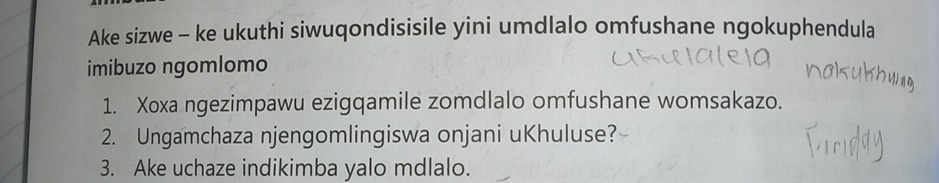 Ake sizwe - ke ukuthi siwuqondisisile yini umdlalo omfushane ngokuphendula 
imibuzo ngomlomo 
1. Xoxa ngezimpawu ezigqamile zomdlalo omfushane womsakazo. 
2. Ungamchaza njengomlingiswa onjani uKhuluse? 
3. Ake uchaze indikimba yalo mdlalo.