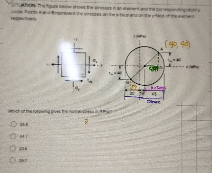 SITUATION: The figure below shows the stresses in an element and the corresponding Mohr's
circle. Points A and B represent the stresses on the x-face and on the y-face of the element.
respectively.
| 
|
1
Which of the following gives the normal stress o, (MPa)?
36.6
44 7
20.6
29.7