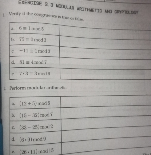 MODULAR ARITHMETIC AND CRYPTOLOGY
1. Verify if the congruence is true or f
2. Perform modular arithmetic.
e.