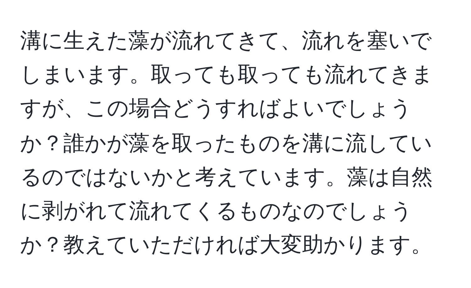 溝に生えた藻が流れてきて、流れを塞いでしまいます。取っても取っても流れてきますが、この場合どうすればよいでしょうか？誰かが藻を取ったものを溝に流しているのではないかと考えています。藻は自然に剥がれて流れてくるものなのでしょうか？教えていただければ大変助かります。