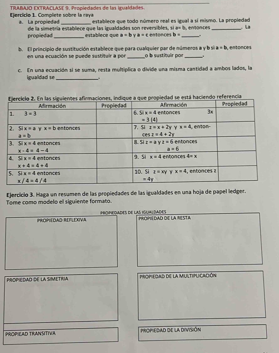 TRABAJO EXTRACLASE 9. Propiedades de las igualdades.
Ejercicio 1. Complete sobre la raya
a. La propiedad _establece que todo número real es igual a sí mismo. La propiedad
de la simetría establece que las igualdades son reversibles, si a=b ,entonces _、 La
propiedad _establece que a=b y a=c entonces b= _ .
b. El principio de sustitución establece que para cualquier par de números a y b si a=b , entonces
en una ecuación se puede sustituir a por_ o b sustituir por _.
c. En una ecuación si se suma, resta multiplica o divide una misma cantidad a ambos lados, la
igualdad se _.
iendo referencia
Ejercicio 3. Haga un resumen de las propiedades de las igualdades en una hoja de papel ledger.
Tome como modelo el siguiente formato.
PROPIEDADES DE LAS IGUALDADES
PROPIEDAD REFLEXIVA PROPIEDAD DE LA RESTA
PROPIEDAD DE LA SIMETRIA PROPIEDAD DE LA MULTIPLICACIÓN
PROPIEAD TRANSITIVA PROPIEDAD DE LA DIVISIÓN