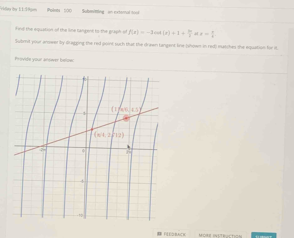 Friday by 11:59pm Points 100 Submitting an external tool
Find the equation of the line tangent to the graph of f(x)=-3cot (x)+1+ 3π /2  at x= π /4 .
Submit your answer by dragging the red point such that the drawn tangent line (shown in red) matches the equation for it.
Provide your answer below:
FEEDBACK MORE INSTRUCTION SHRMIT