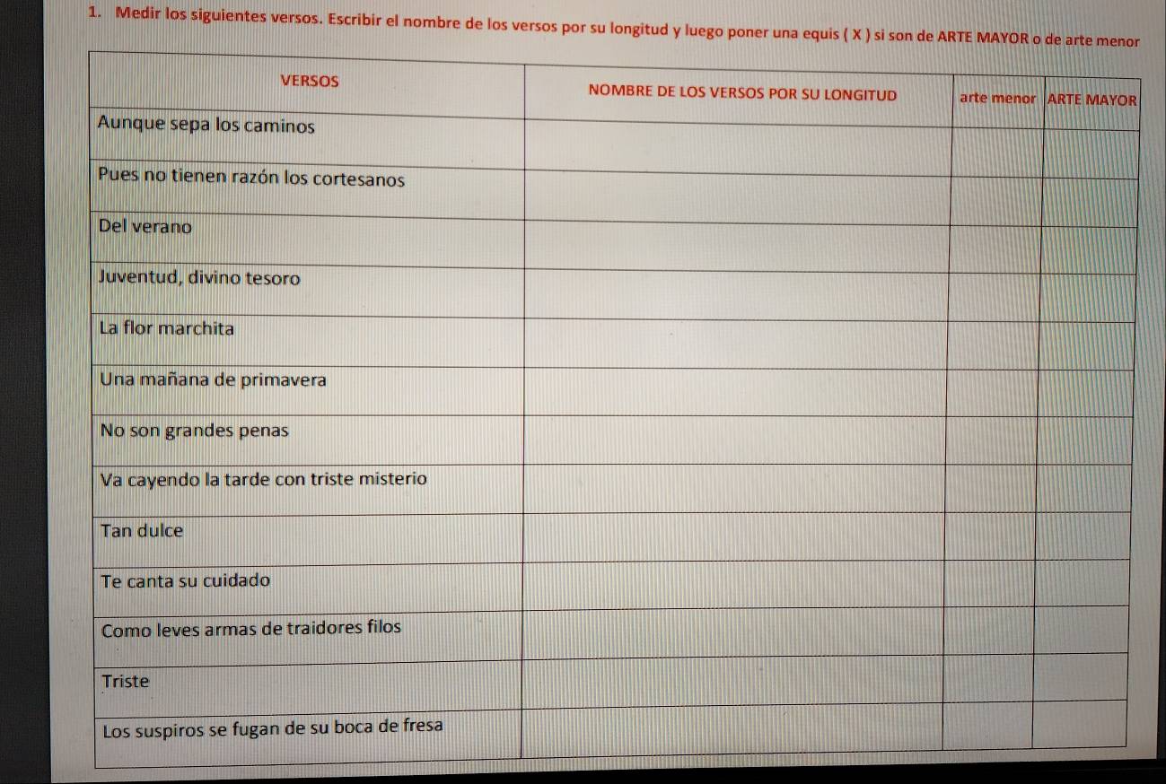 Medir los siguientes versos. Escribir el nombre de los versos por su longitud y luego poner una equis ( X ) si son de ARTE MAYOR o de artor 
R