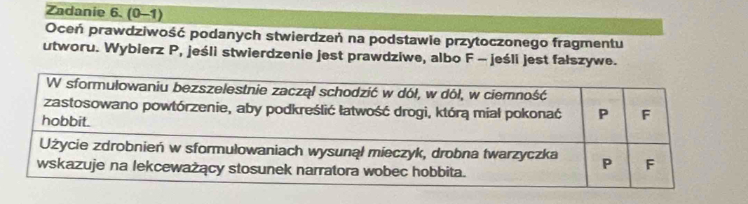 Zadanie 6. (0-1) 
Oceń prawdziwość podanych stwierdzeń na podstawie przytoczonego fragmentu 
utworu. Wyblerz P, jeśli stwierdzenie jest prawdziwe, albo F - jeśli jest fałszywe.