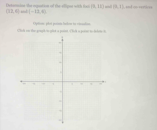 Determine the equation of the ellipse with foci (0,11) and (0,1) , and co-vertices
(12,6) and (-12,6). 
Option: plot points below to visualize. 
Click on the graph to plot a point. Click a point to delete it.