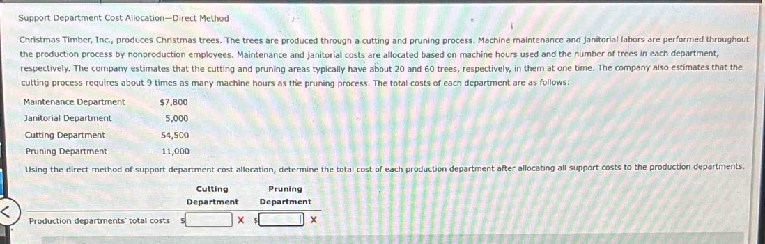 Support Department Cost Allocation—Direct Method 
Christmas Timber, Inc., produces Christmas trees. The trees are produced through a cutting and pruning process. Machine maintenance and janitorial labors are performed throughout 
the production process by nonproduction employees. Maintenance and janitorial costs are allocated based on machine hours used and the number of trees in each department, 
respectively. The company estimates that the cutting and pruning areas typically have about 20 and 60 trees, respectively, in them at one time. The company also estimates that the 
cutting process requires about 9 times as many machine hours as the pruning process. The total costs of each department are as follows: 
Maintenance Department $7,800
Janitorial Department 5,000
Cutting Department 54,500
Pruning Department 11,000
Using the direct method of support department cost allocation, determine the total cost of each production department after allocating all support costs to the production departments. 
Cutting Pruning 
Department Department 
Production departments' total costs $□ * s□ *