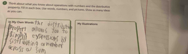 Think about what you know about operations with numbers and the distributive 
property. Fill in each box. Use words, numbers, and pictures. Show as many ideas 
as you can. 
In My Own Words My Illustrations