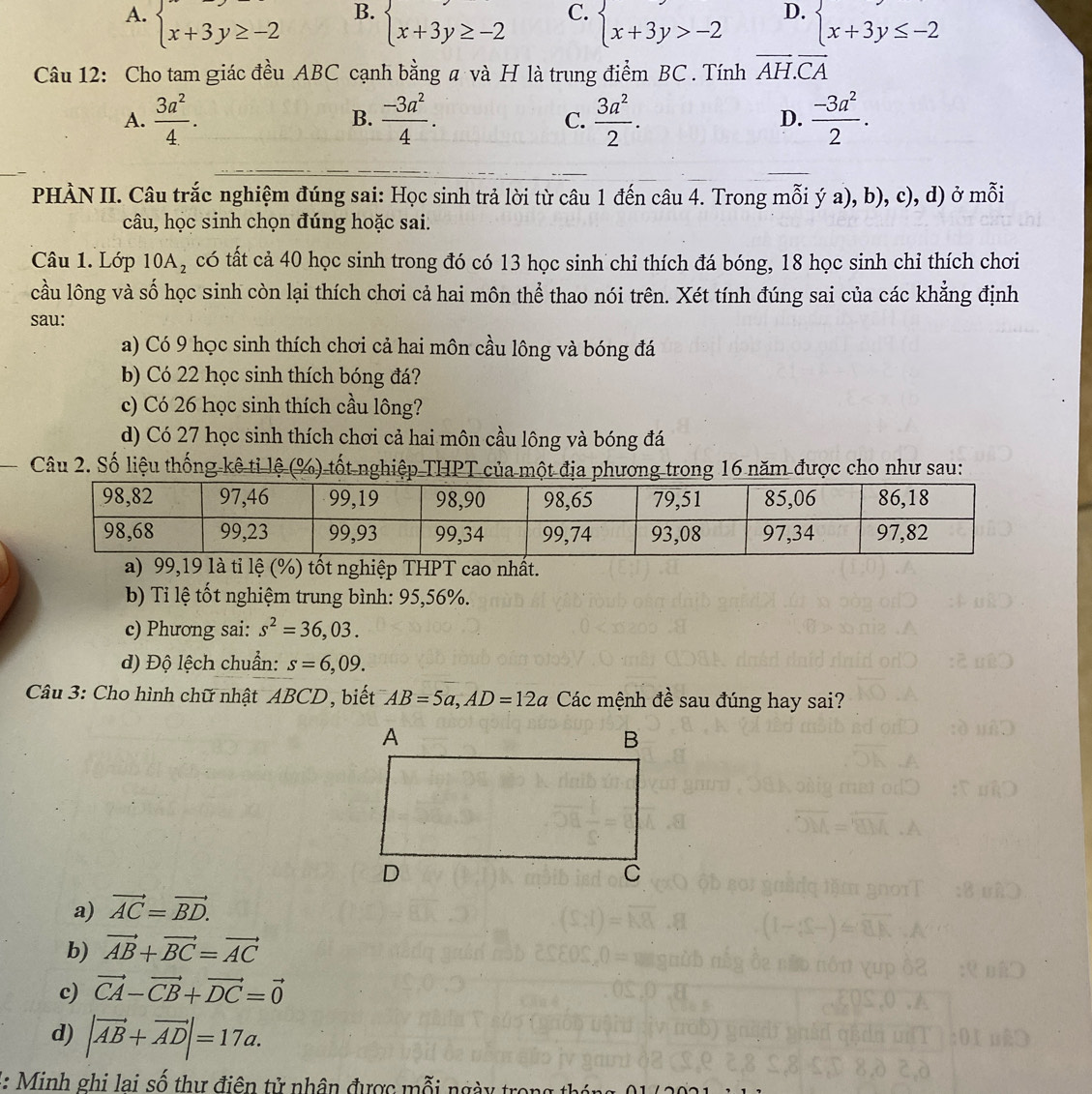 B.
A.  x+3y≥ -2  x+3y≥ -2 C.  x+3y>-2 D.  x+3y≤ -2
Câu 12: Cho tam giác đều ABC cạnh bằng a và H là trung điểm BC . Tính vector AH.vector CA
A.  3a^2/4 . B.  (-3a^2)/4 .  3a^2/2 . D.  (-3a^2)/2 .
C.
PHÀN II. Câu trắc nghiệm đúng sai: Học sinh trả lời từ câu 1 đến câu 4. Trong mỗi ý a), b), c), d) ở mỗi
câu, học sinh chọn đúng hoặc sai.
Câu 1. Lớp 10A_2 có tất cả 40 học sinh trong đó có 13 học sinh chỉ thích đá bóng, 18 học sinh chỉ thích chơi
cầu lông và số học sinh còn lại thích chơi cả hai môn thể thao nói trên. Xét tính đúng sai của các khẳng định
sau:
a) Có 9 học sinh thích chơi cả hai môn cầu lông và bóng đá
b) Có 22 học sinh thích bóng đá?
c) Có 26 học sinh thích cầu lông?
d) Có 27 học sinh thích chơi cả hai môn cầu lông và bóng đá
Câu 2. Số liệu thống kê tỉ lệ (%) tốt nghiệp THPT của một địa phương trong 16 năm được cho như sau:
 
b) Ti lệ tốt nghiệm trung bình: 95,56%.
c) Phương sai: s^2=36,03.
d) Độ lệch chuẩn: s=6,09.
Câu 3: Cho hình chữ nhật ABCD, biết AB=5a,AD=12a Các mệnh đề sau đúng hay sai?
a) vector AC=vector BD.
b) vector AB+vector BC=vector AC
c) vector CA-vector CB+vector DC=vector 0
d) |vector AB+vector AD|=17a.
*:  Minh ghi lai số thư điên tử nhân được mỗi ngày tr