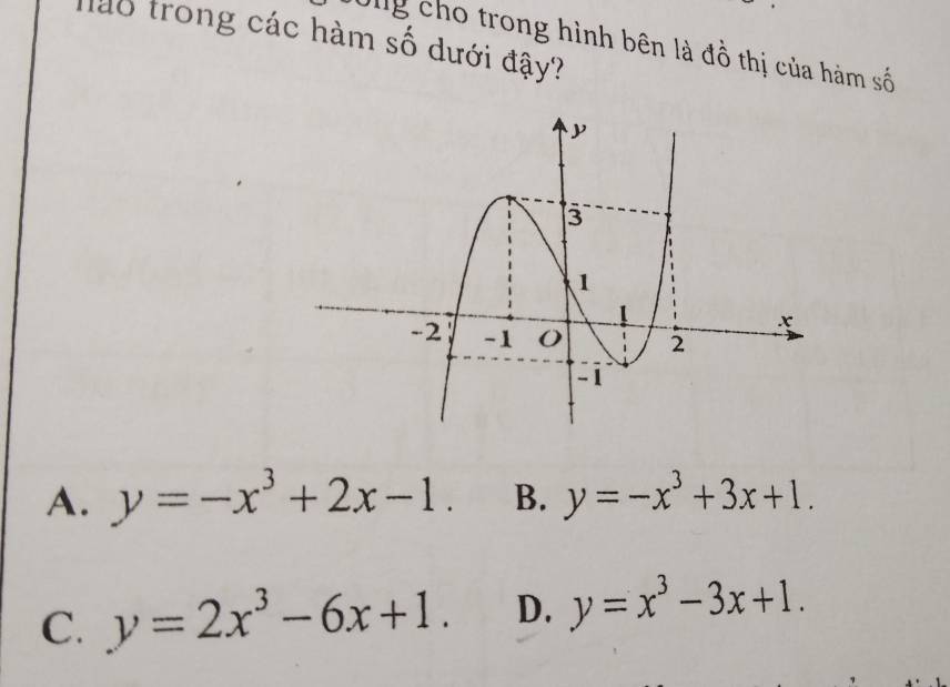 nào trong các hàm số dưới đậy?
Ulg cho trong hình bên là đồ thị của hàm số
A. y=-x^3+2x-1. B. y=-x^3+3x+1.
C. y=2x^3-6x+1. D. y=x^3-3x+1.