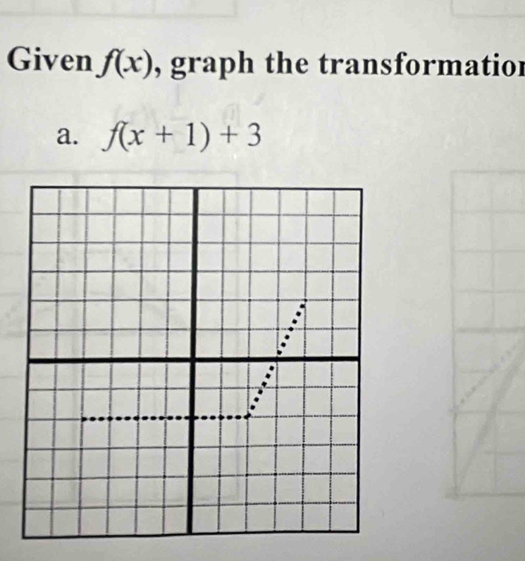 Given f(x) , graph the transformatior 
a. f(x+1)+3