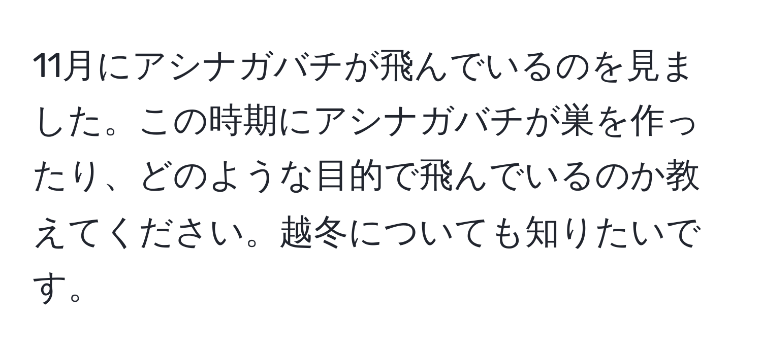 11月にアシナガバチが飛んでいるのを見ました。この時期にアシナガバチが巣を作ったり、どのような目的で飛んでいるのか教えてください。越冬についても知りたいです。