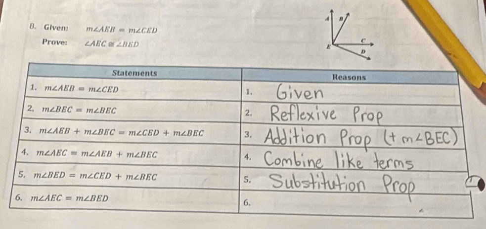 Given; m∠ AEB=m∠ CED
Prove: ∠ AEC≌ ∠ BED
Statements Reasons 
1. m∠ AEB=m∠ CED
1. 
2. m∠ BEC=m∠ BEC
2. 
3. m∠ AEB+m∠ BEC=m∠ CED+m∠ BEC 3. 
4. m∠ AEC=m∠ AEB+m∠ BEC
4. 
5. m∠ BED=m∠ CED+m∠ BEC 5. 
6. m∠ AEC=m∠ BED 6.