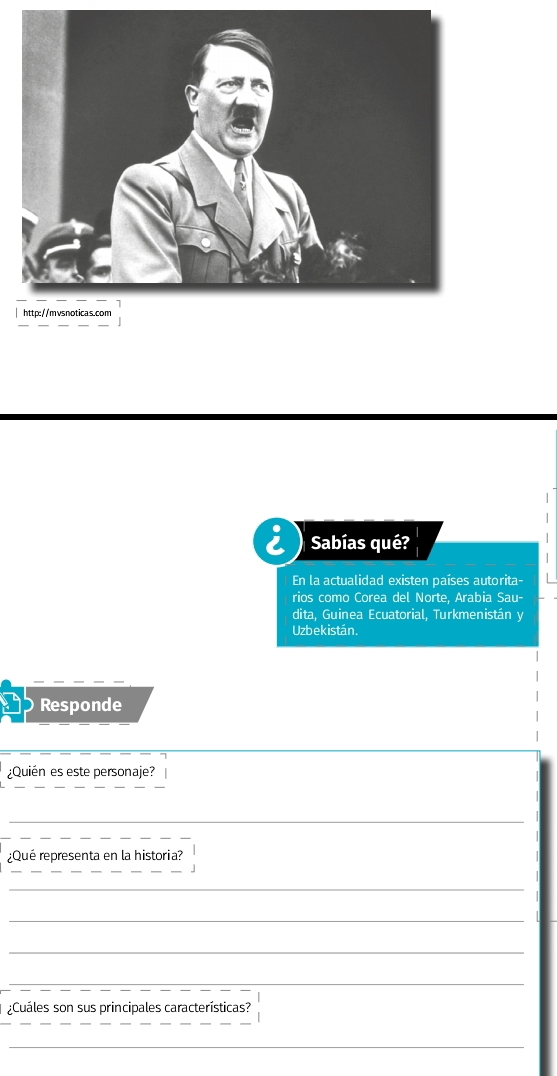 Sabías qué? 
En la actualidad existen países autorita- 
rios como Corea del Norte. Arabia Sau- 
dita, Guinea Ecuatorial, Turkmenistán y 
Uzbekistán. 
Responde 
¿Quién es este personaje? 
_ 
¿Qué representa en la historia? 
_ 
_ 
_ 
_ 
¿Cuáles son sus principales características? 
_ 
_