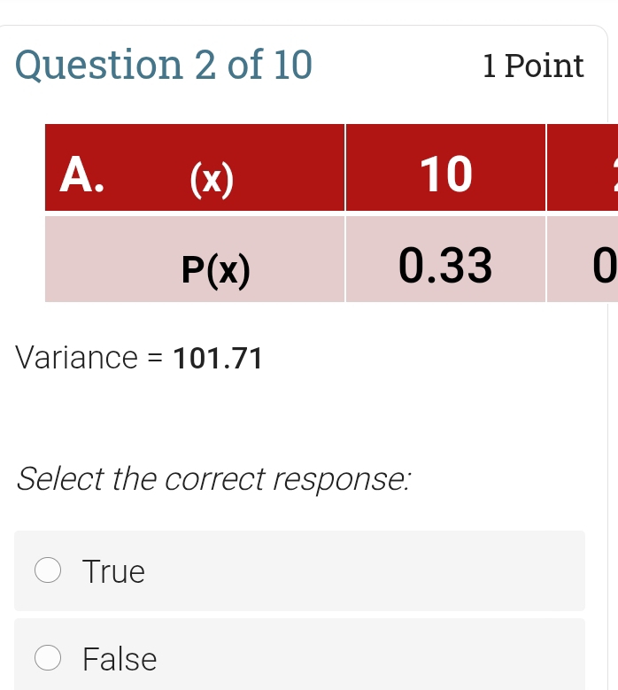 Variance =101.71
Select the correct response:
True
False