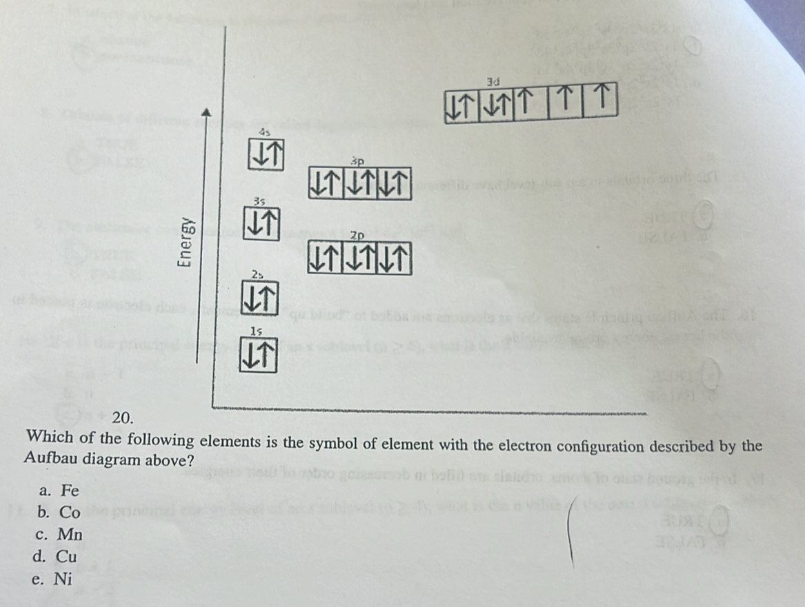 4s
3p
3s
↓↑↓↑↓↑
2p
2s
↓↑↓↑↓↑
1s
20.
Which of the following elements is the symbol of element with the electron configuration described by the
Aufbau diagram above?
a. Fe
b. Co
c. Mn
d. Cu
e. Ni