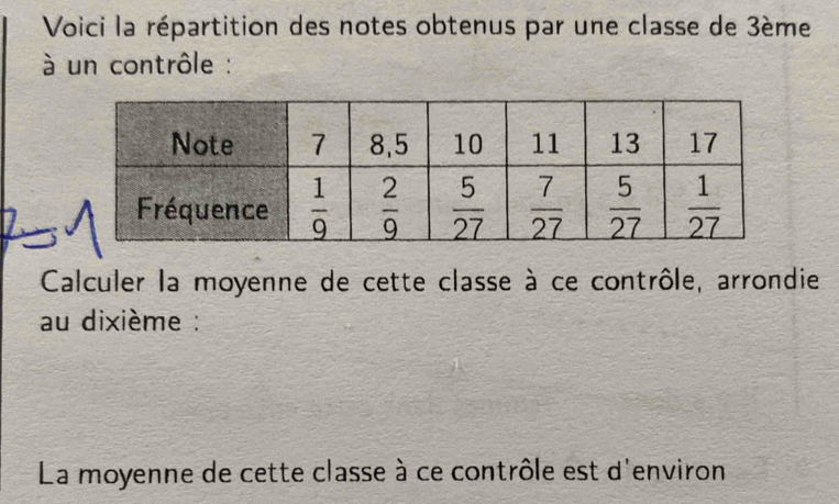 Voici la répartition des notes obtenus par une classe de 3ème
à un contrôle :
Calculer la moyenne de cette classe à ce contrôle, arrondie
au dixième :
La moyenne de cette classe à ce contrôle est d'environ