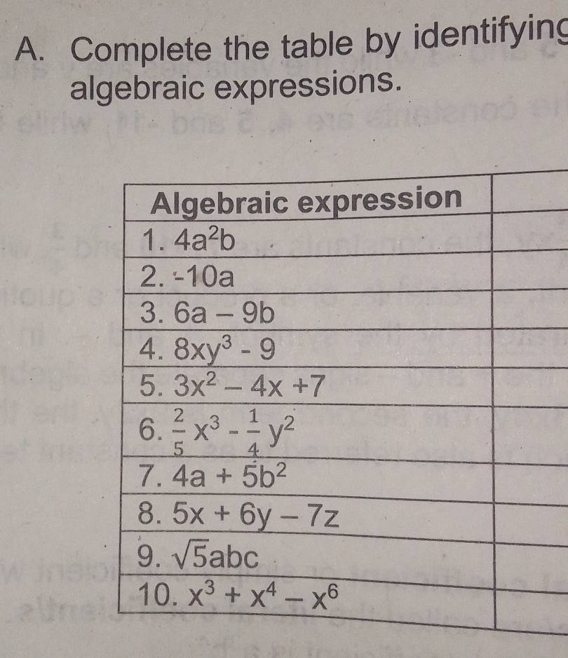 Complete the table by identifying
algebraic expressions.