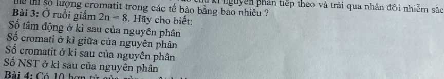 nguyễn phản tiếp theo và trải qua nhân đôi nhiễm sắc 
tể h số lượng cromatit trong các tế bào bằng bao nhiêu ? 
Bài 3: Ở ruồi giấm 2n=8. Hãy cho biết: 
Số tâm động ở kì sau của nguyên phân 
Số cromati ở kì giữa của nguyên phân 
Số cromatit ở kì sau của nguyên phân 
Số NST ở kì sau của nguyên phân 
Bài 4: Có 10 hơn