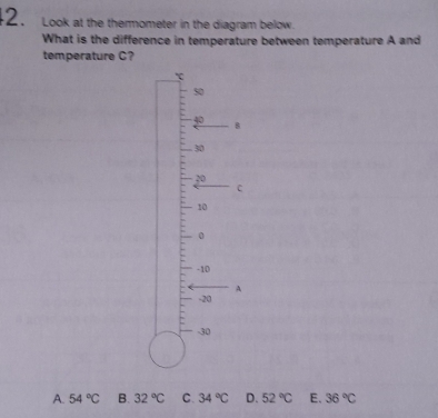 Look at the thermometer in the diagram below.
What is the difference in temperature between temperature A and
temperature C?
`
50
40
8
30
20
C
10
0
-10
A
-20
-30
A. 54°C B. 32°C C. 34°C D. 52°C E. 36°C