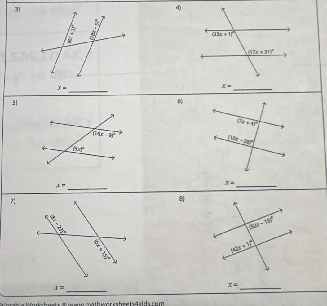 x=
_
x=
5)
6)
_
x=
x= _
7)
8)
_
x=
_
x=
Printable Worksheets @ www mathworksheets4kids.com