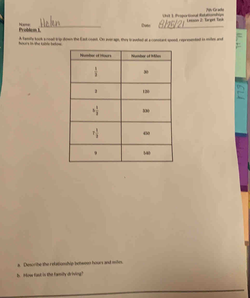 7in Grade
Unit 1: Proportional Retationships
Lesson 2: Target Task
Name_Date
Problem 1.
A famity took a road trip down the East coast. Oo average, they traveled at a constant speed, represented in mites and
hours in the table below.
a. Describe the relationship between hours and miles
b. How fast is the family driving?
_