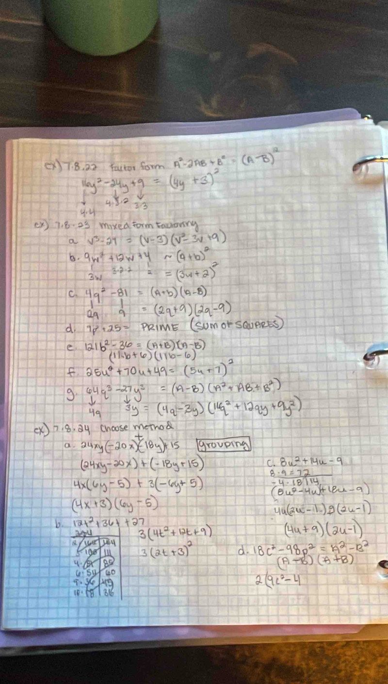 2.2 Factor form A^2-2AB+B^2=(A-B)^2
16y^2-24y+9=(4y+3)^2
4.Y.2_3V
u
(x) 7. 8. 23 mxed torm tauoning
a v^3-27=(v-3)(v^2-3v+9)
b. 9w^2+12w^(2(a+b)^2)+b)^2
3w^(3· 2· 2)=(3w+2)^2
C. 4q^2-81=(A+b)(A-B)
beginarrayr 111 299 1/9(2q+9)-9) 
d. 9p^2+25= PRIME (Sumor SQUBRES )
e. 121b^2-36=(A+B)(A-B)
(11ab+6)(11b-6)
f 25u^2+70u+49=(5u+7)^2
9. 64q^3-27y^3=(A-B)(A^2+AB+B^2)
3y=(4q-3y)(11q^2+12qy+9y^2)
(X)7:8. y choose method
a. 24xy(-20x)-18y)+15 grouping
(24xy-20x)+(-18y+15)
C. 8u^2+14u-9
4x(6y-5)+3(-6y+5)
 8· 9=72/-4· 18/14 
(8u^2-4u)+12u-9)
(4x+3)(6y-5)
4u(2u-1)g(2u-1)
b.
Doy 3(4t^2+12t+9)
(4u+9)(2u-1)
10o Ill
4 89 3(2t+3)^2 d. 18c^2-98p^2=A^2-B^2
(A-B)(A+B)
9. ye 
2(9c^2-4
1·68 86