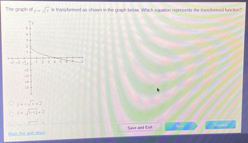 The graph of y=sqrt(x) is transformed as shown in the graph below. Which equation represents the transformed function?
y=-sqrt(x)+2
y=sqrt((-x))+2
Save and Exit Next
Mark this and return Submit