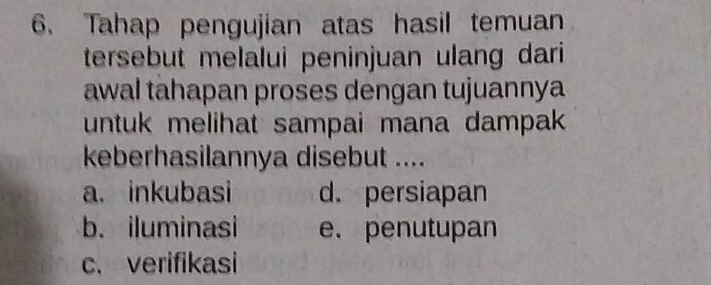 Tahap pengujian atas hasil temuan
tersebut melalui peninjuan ulang dari 
awal tahapan proses dengan tujuannya
untuk melihat sampai mana dampak 
keberhasilannya disebut ....
a. inkubasi d. persiapan
b. iluminasi e. penutupan
c. verifikasi