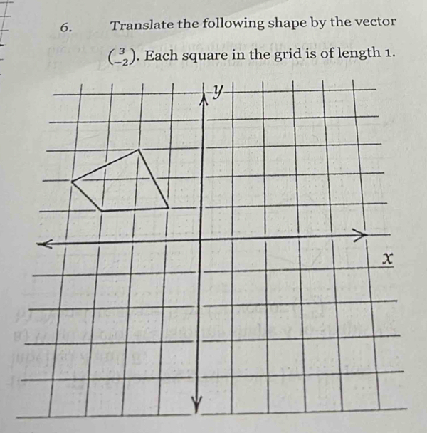 Translate the following shape by the vector
beginpmatrix 3 -2endpmatrix. Each square in the grid is of length 1.