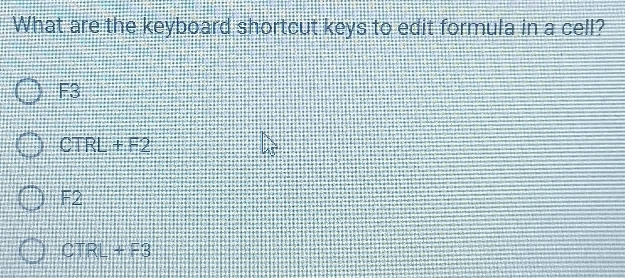 What are the keyboard shortcut keys to edit formula in a cell?
F3
CTRL+F2
F2
CTRL+F3