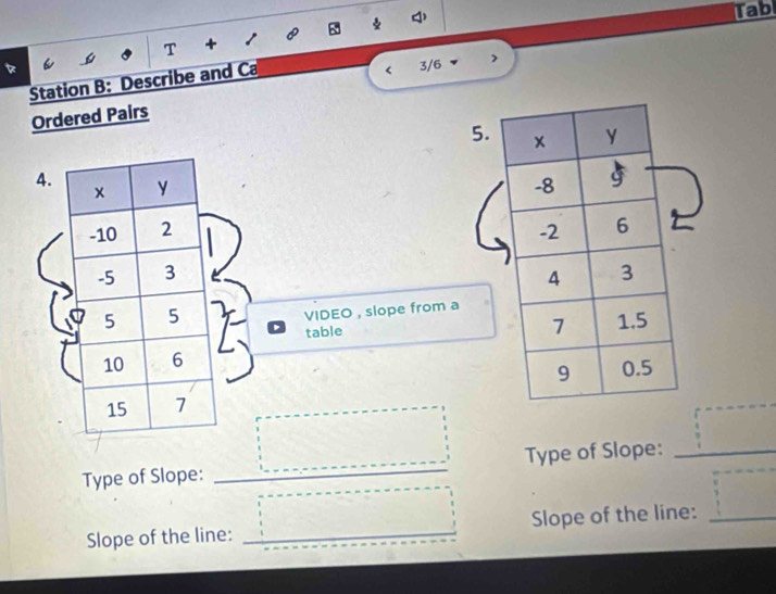 Tab 
+ 
Station B: Describe and Ca 
3/6 
Ordered Pairs 
5. 
4. 


VIDEO , slope from a 

table 
Type of Slope: _Type of Slope:_ 
Slope of the line: __Slope of the line:_