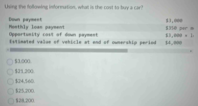 Using the following information, what is the cost to buy a car?
Down payment $3,000
Monthly loan payment $350 per m
Opportunity cost of down payment $3,000* 1, 
Estimated value of vehicle at end of ownership period $4,000
$3,000.
$21,200.
$24,560.
$25,200.
$28,200.