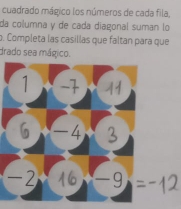 cuadrado mágico los números de cada fila, 
da columna y de cada diagonal suman lo 
o. Completa las casillas que faltan para que 
drado sea mágico.
-4
-2