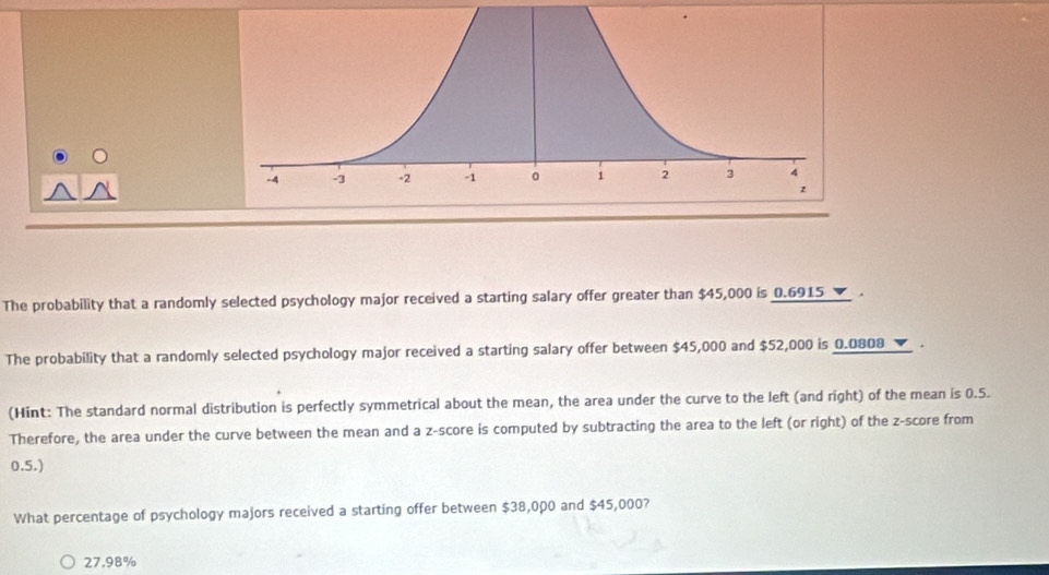 The probability that a randomly selected psychology major received a starting salary offer greater than $45,000 is 0.6915 ▼ .
The probability that a randomly selected psychology major received a starting salary offer between $45,000 and $52,000 is 0.0808 ` .
(Hint: The standard normal distribution is perfectly symmetrical about the mean, the area under the curve to the left (and right) of the mean is 0.5.
Therefore, the area under the curve between the mean and a z-score is computed by subtracting the area to the left (or right) of the z-score from
0.5.)
What percentage of psychology majors received a starting offer between $38,000 and $45,000?
27.98%