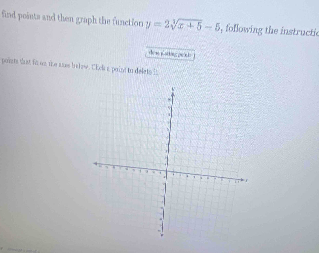 find points and then graph the function y=2sqrt[3](x+5)-5 , following the instructic 
done plotting points 
points that fit on the axes below. Click a point to delete it.