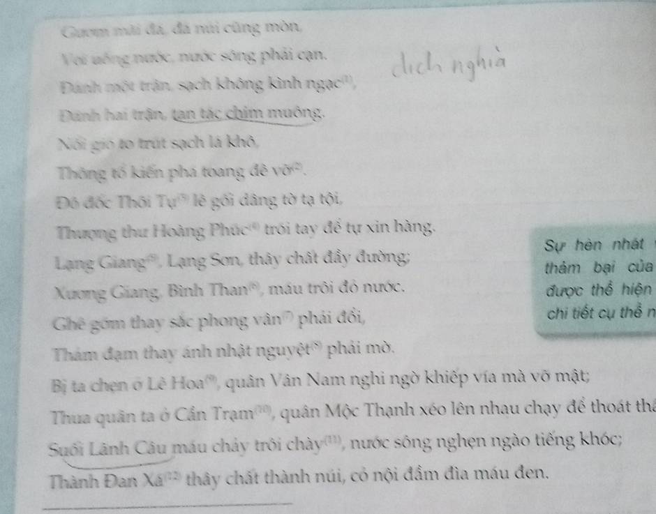 Guơm mãi đá, đá núi cũng mòn, 
Voi uống nước, nước sông phải cạn. 
Dánh một trận, sạch không kình nsec^((1))
Danh hai trận, tạn tác chim muông. 
Nổi gió to trút sạch lá khô, 
Thông tổ kiến phá toang đề v0°
Đô đốc Thối Tự' lẽ gối dâng tờ tạ tội, 
Thượng thư Hoàng Phúc''') trói tay để tự xin hàng. 
Sự hèn nhất 
Lang Giang'', Lạng Sơn, thây chất đầy đường; 
thám bại của 
Xương Giang, Bình Than^((n)) *máu trôi đỏ nước. được thể hiện 
Ghê gồm thay sắc phong vân ' phái đổi, chi tiết cụ thể n 
Thám đạm thay ánh nhật nguyệt' phải mờ. 
Bị ta chẹn ở Lê Hoa''', quân Vân Nam nghi ngờ khiếp vía mà vỡ mật; 
Thua quân ta ở Cần Trạm (70) quân Mộc Thạnh xéo lên nhau chạy để thoát thể 
Suối Lãnh Câu máu chảy trôi chà y^((11)) nước sông nghẹn ngào tiếng khóc; 
Thành Đan Xa^((12)) thây chất thành núi, có nội đầm đìa máu đen.